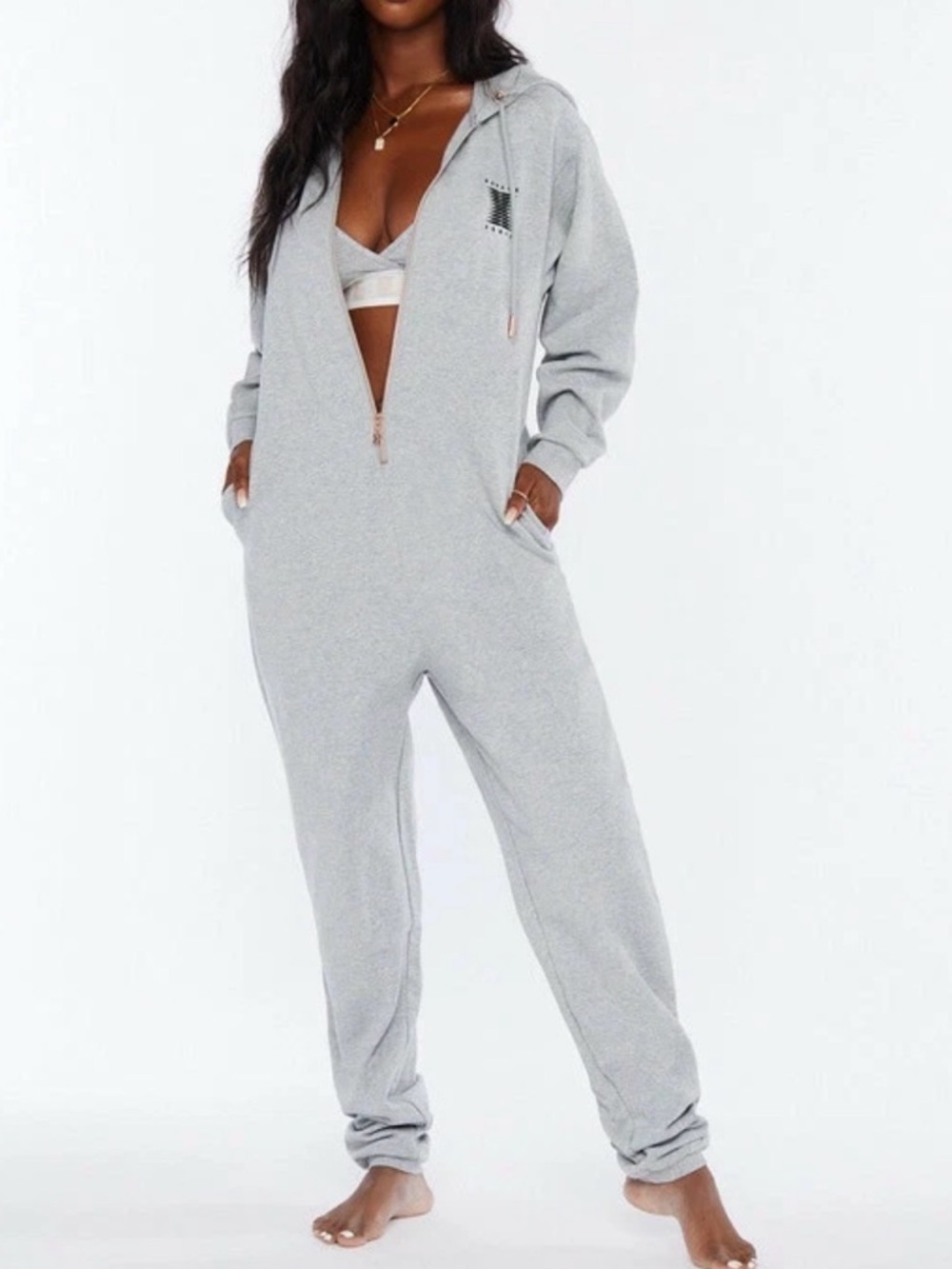 Savage X Fenty Forever Savage Light Gray Hooded Jumpsuit Onesie NWOT